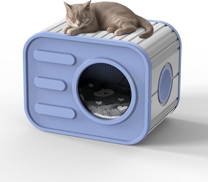 ROJIK Cat House Outdoor Cat Bed Weatherproof,Plastic Insulated Feral Shelter with Elevated Floor,Stackable Pet House Wave for Bedroom Yard and Patio,Easy to Assemble,Versatile(Blue,with Cusion)