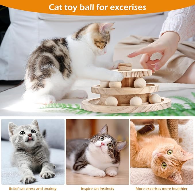 Wooden cat Toy Interactive Turntable with Spinning Ball and teapot Stick, Multi-Level cat Track Ball Toy Suitable for Kittens and Adult Cats, cat Sports Puzzle Toy