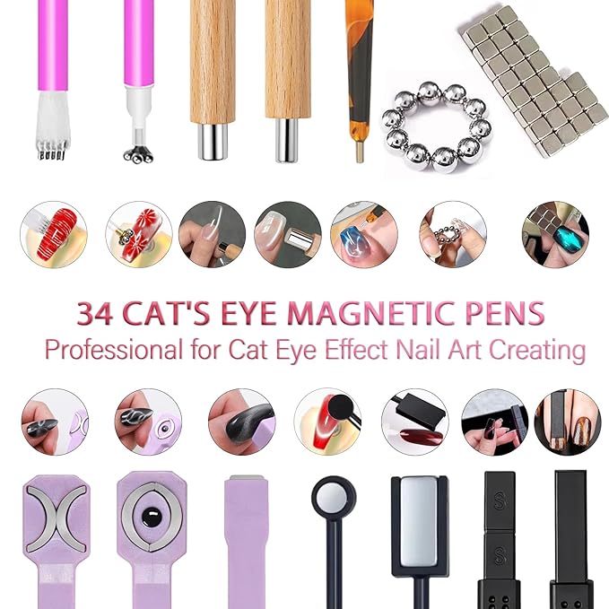 WOKOTO 53Pcs Cat Eye Nail Magnet With 3 Pcs Y-Shape Heart Magnet Stencil For Nail Art Tools Set, Cat Eye Magnet For Nails Wand Magnetic Nail Polish Magnet For Cat Eye Gel Polish Magnets Sticks Pens