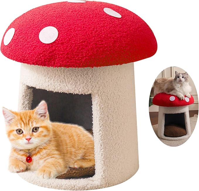 Mushroom Cow Cat Bed House for Indoor Cats & Small Dogs - Soft Cave-Style Pet Nest with Removable Washable Cushion, Plush Semi-Enclosed Cat Cave Tent, (red and White, Sturdy)