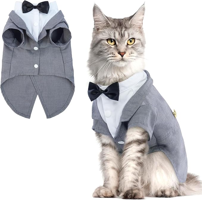 QBLEEV Cat Tuxedo Outfit, Formal Cat Suit Costume with Bow Tie, Sphynx Hairless Clothes for Cats Only, Kitten Wedding Birthday Party Attire Apparel for Male Boy, Cute Small Pet Gentleman Formal Wear
