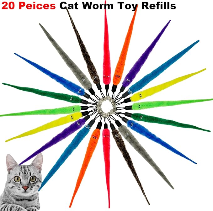 CATENESS Cat Worm Toy Refills, 20 Pieces Cat Wand Attachments Worms Toy for Indoor Cats (A)