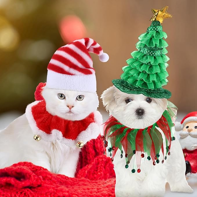 16 Pcs Cat Christmas Costume Suit Santa Hats and Tutu Collar Xmas Cat Outfit Green Shiny Hat Christmas Cat Collar with Bell Hat Kitten Outfit Clothing for Puppy Cat Pets Gift