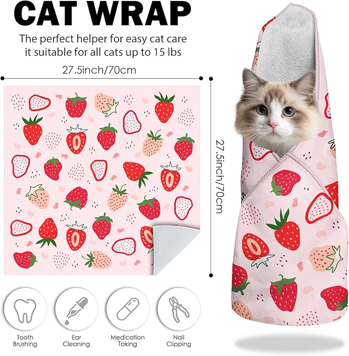 27.6"Cat Grooming Wrap, Self Adhesive Cat Wrap for Cutting Nails, Anti-Escape Cat Swaddle Wrap for Medicine Ear Cleaning, Strawberry Anti-Scratch Cats Burrito Restraint Blanket, Pet Tool (6-10 lbs)