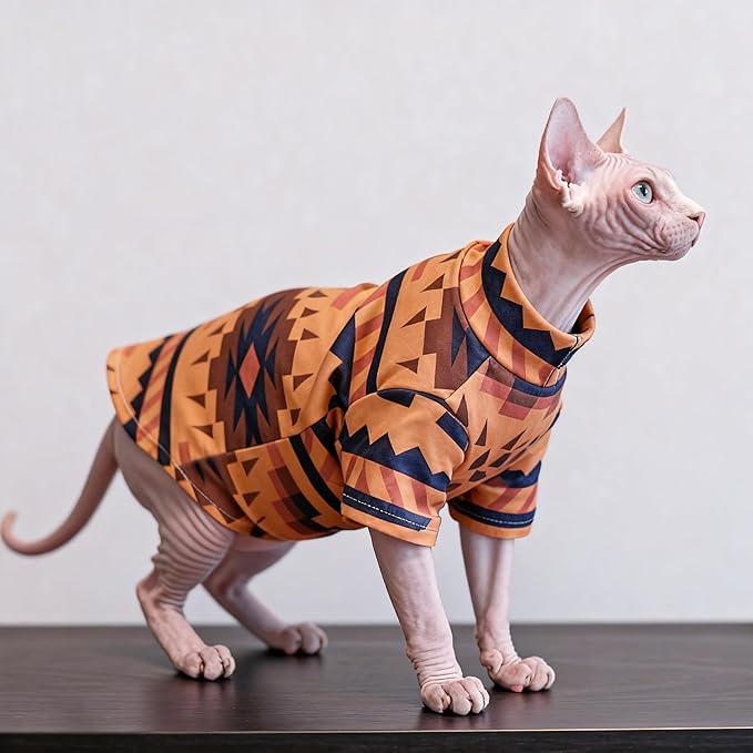 Sphynx Cat Clothes for Cats Only, Graphics Printed Hairless Sphinx Clothes T-Shirts Sweatshirt with Sleeves, Soft Kitten Shirt Pet Apparel Devon Rex,Cornish Rex,Peterbald,Orange,XL