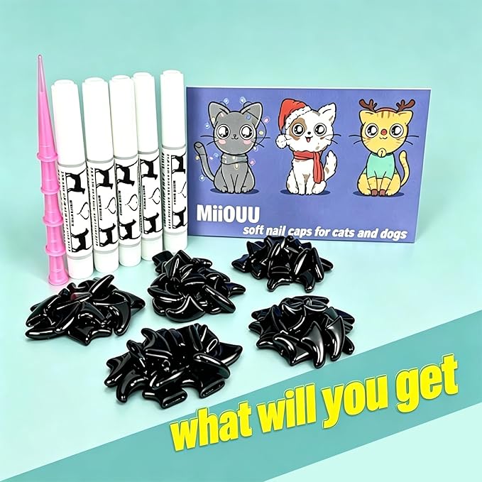 100 pcs Cat Nail Caps | Cat Claw Covers with Adhesives and Applicators | Black (S)