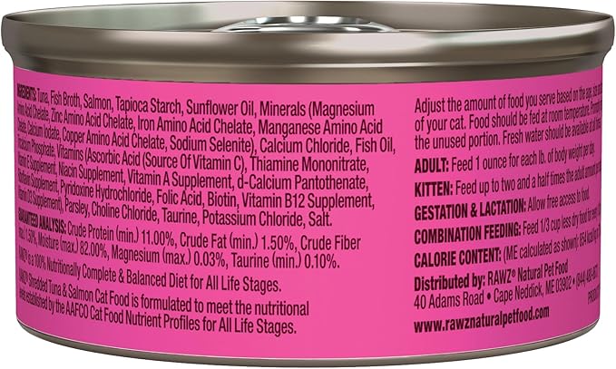 Rawz Natural Premium Shredded Canned Cat Wet Food - Grain Free Made with Real Meat Ingredients No BPA or Gums - 3oz Cans - 18 Count - Tuna & Chicken Flavor