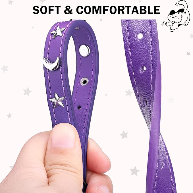 Leather Cat Collars for Boy Girl Cats with Bell and Safety Elastic Belt, Personalized Star and Moon Stud Adjustable Safe Buckle Collar for Kitty Small Big Cats Size 8-12 Inch, Purple