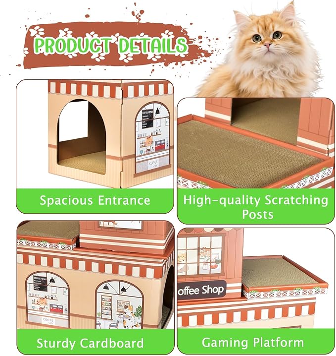 Cardboard Cat House for Indoor Cats, Double Layer Cat Scratcher House for Large Kitty Rabbit Bunny, Scratch & Sleep 2 in 1 Design, Durable & Easy to Assemble Scratching Bed(Coffee Bar)