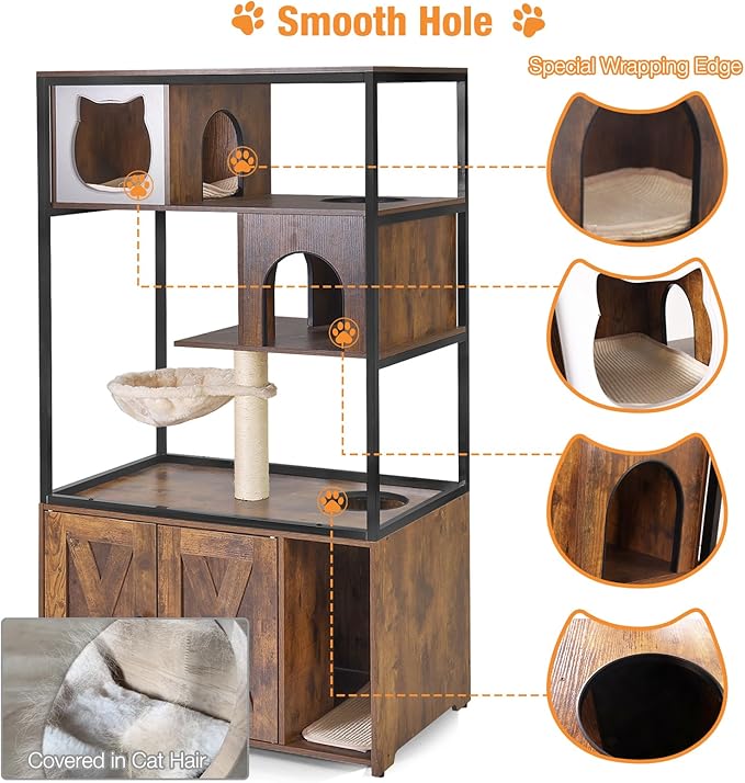Cat Litter Box Enclosure,Hidden Litter Box Furniture with Metal Frame,Wooden Kitty House with Barn Door,Wooden Cat Washroom Furniture,Fit Most of Litter Box (Wood, M)