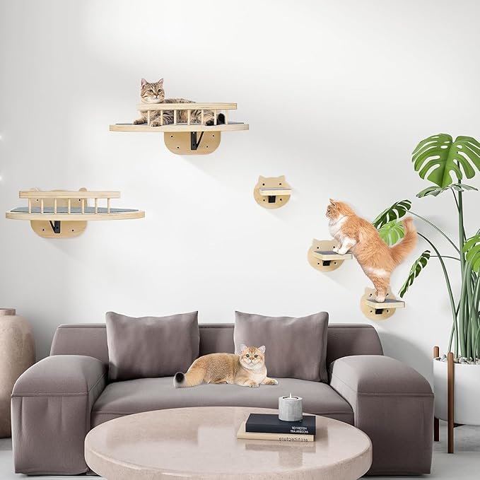 Cat Wall Shelves Furniture Set with Scratching Pad，Wooden Cat Climbing Wall Systems with 2 Perches and 3 Steps, Floating Shelves Bed Wall Mounted for Indoor Fit Up to 15Lbs (Burlywood)
