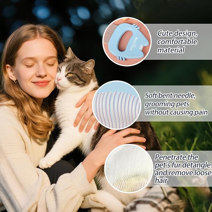 Blue Cat Comb Cute Cat-shape Pet Hair Removal Massaging Shell Comb Soft Deshedding Brush Grooming and Shedding Matted Fur Remover Dematting tool for Long and Short Hair Cat Dog Puppy Bunny