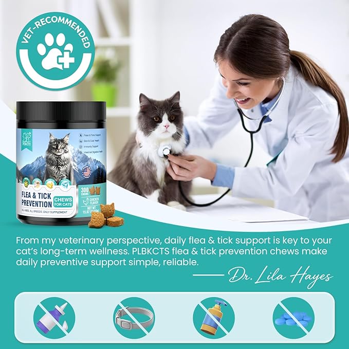 Flea Treatment for Cats 300 Treats Natural Flea and Tick Prevention Supplement for All Cats - Skin & Coat Care, Immune System Boot, Digestive Gut Health, Daily Oral Flea Supplement Chicken Flavor