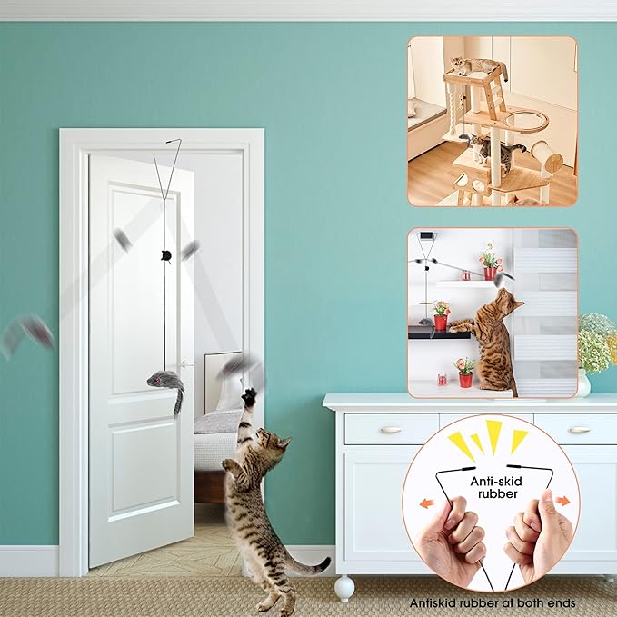 FYNIGO 2 Pcs Interactive Cat Toys for Indoor Cats & Kittens, Hanging Door Mouse Toy Set for Self Play, Bungee String Plush Mice with Clips, Hooks & Suction Cups