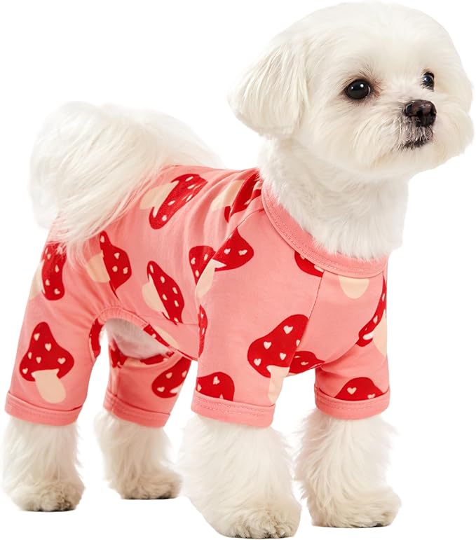 Dog Pajamas Summer Cute Print Puppy Jumpsuit Thin Dog Onesie Small Dog Clothes with Comfy & Elastic Frbic Puppy Pjs(Peach Mushroom,Medium)