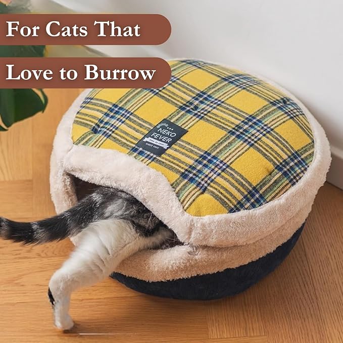 Cat Cave Bed – Plush, Warm & Calming Hideaway with Detachable Lid & Mat, Covered House for Indoor Kitten & Kitty (Snow)