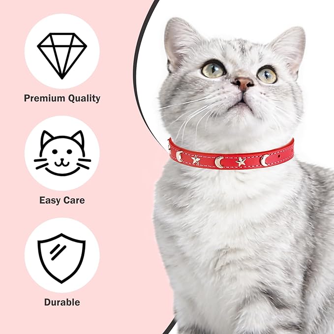 Leather Cat Collars for Boy Girl Cats with Bell and Safety Elastic Belt, Personalized Star and Moon Stud Adjustable Safe Buckle Collar for Kitty Small Big Cats Size 7-9 Inch, Red