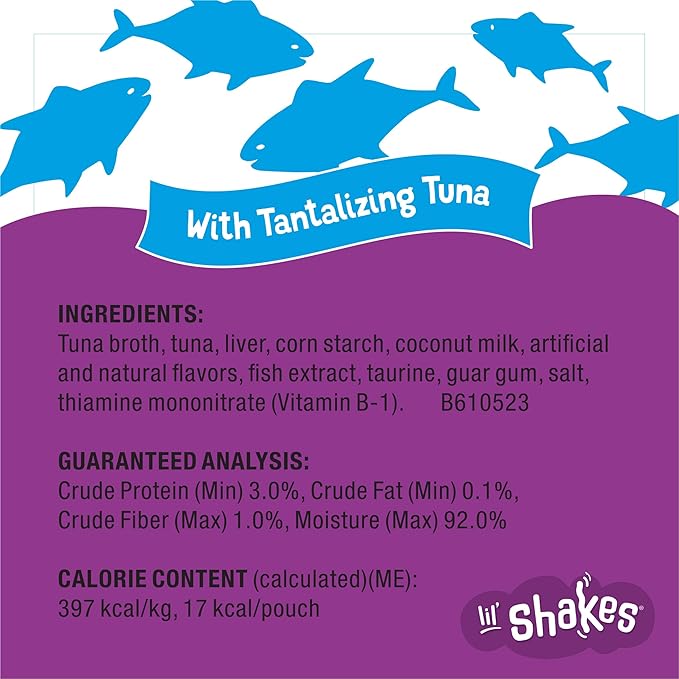 Friskies Purina Pureed Cat Food Topper,Lil’ Shakes with Tantalizing Tuna Lickable Cat Treats - 1.55 oz. Pouches,(Pack of 32)