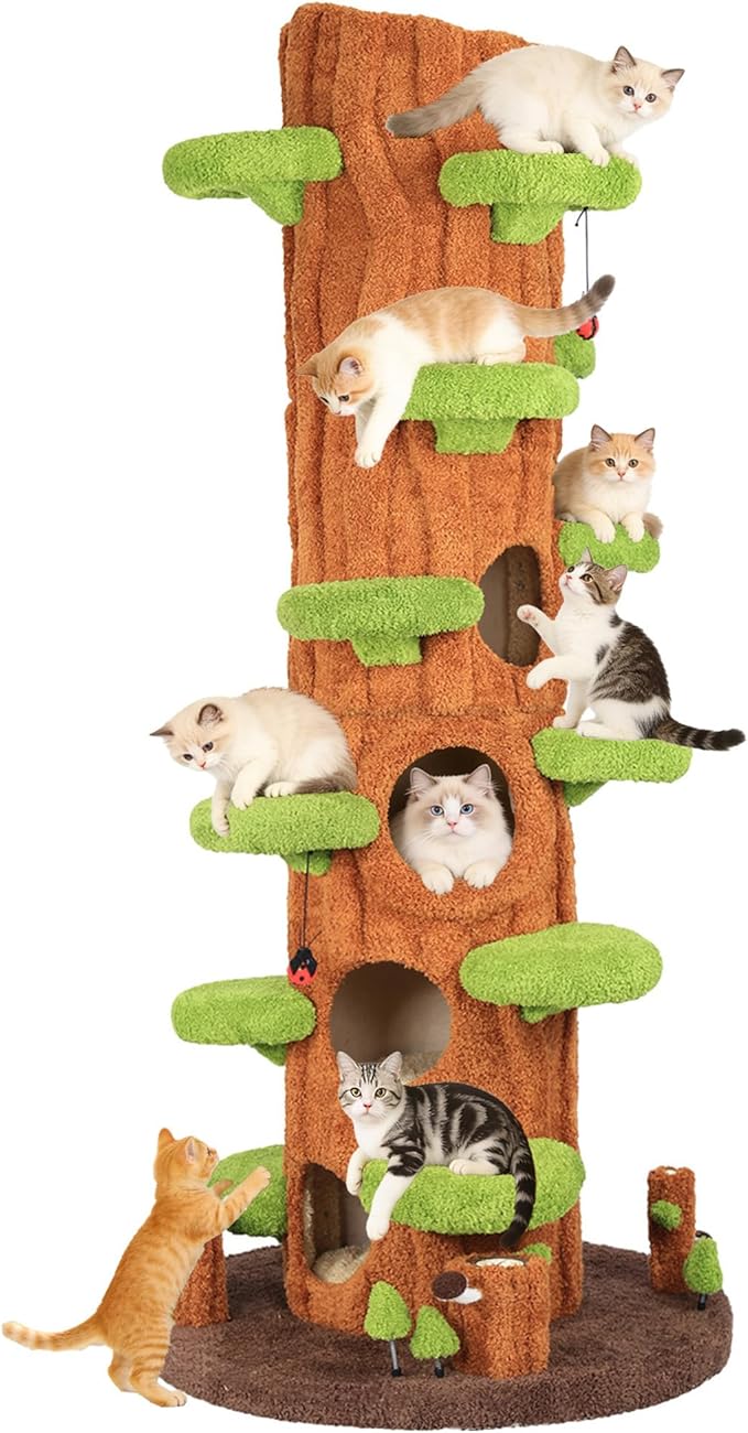NUNU LAB 90.5 Inch Tall Large Cat Tree, Magic Forest Solid Wood Cat Tree Tower with Sisal Scratching Posts, Multi-Level Cat Condo with Side Hideaway Cave, Heavy Duty Cat Tree for Large Cats, Green