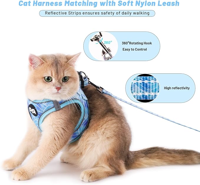 QQPETS Cat Harness and Leash Set for Walking Escape Proof, Safe Adjustable Kitten Vest with Reflective Strips, Easy Control Soft Mesh Lightweight Jacket (Striped Blue, S(Chest 15”-15.7”))