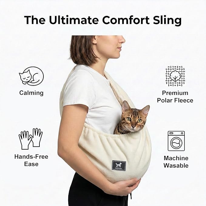 Donut Cat Sling Carrier, Soft Polar Fleece Hands-Free Pouch for Small Pets 3-13 lbs, Lightweight Indoor Cuddle Bag (Apricot)