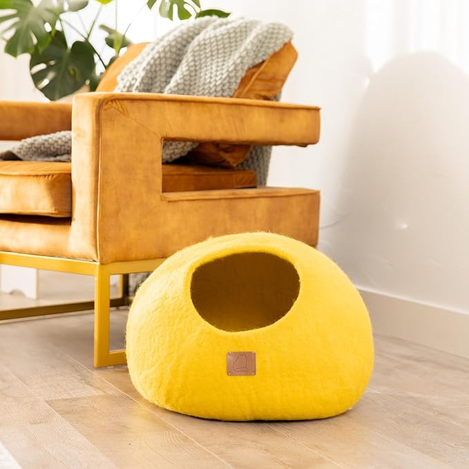 Best Aesthetic Cat Bed - Premium Felted Wool Cat Cave Bed - Cozy Peekaboo Round Cave for Large or Small Cats (Small, Sunny Yellow)