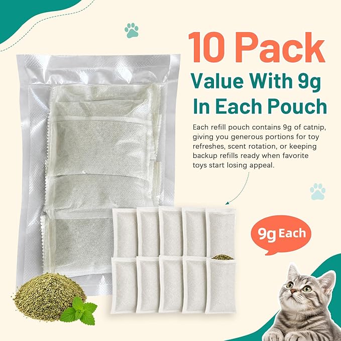 (10-Pack) Refillable Catnip Kicker Toy Kits, Natural Catnip Tea Bags for Cats, 9g Catnip Pouches, Non-Woven Mess-Free Cat Toy Refills, Additive-Free, Vacuum Sealed, Total 90g
