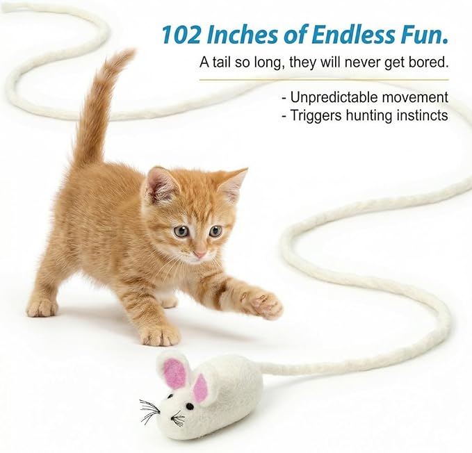 Glaciart One Felt Mouse Cat Toy – Soft Fuzzy Enrichment 100% Natural Wool - Interactive Catnip Play Cat Toy Set - Safe for Pets, Non-AZO Colored Dyes - 100” Long