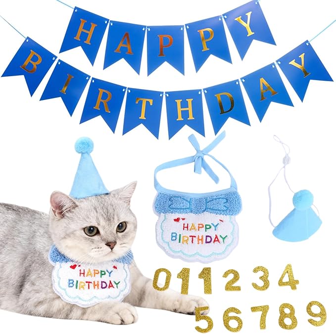 Lasflores Blue Boy Cat Birthday Supplies Set - Kitten Hat, Number Decor & Happy Birthday Banner Outfits