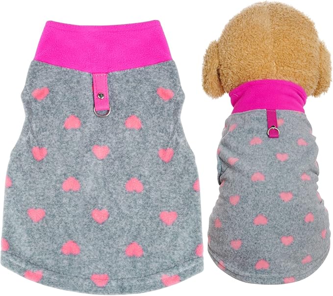 Rbenxia Grey Dog Heart Sweater with Leash Ring Soft Fleece Vest Pullover Warm Jacket Pet Clothes Winter Outfits for Small Puppy Cat Pets (Medium)