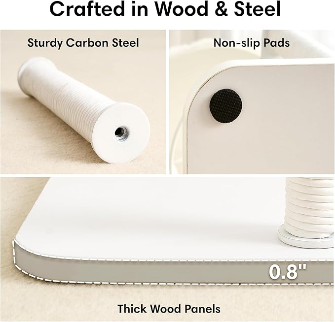 Modern Cat Tree, Wood Cat Tower with Steel Frame, Scratching Posts, Cat Capsule, Plush Mat, Bell Dangling Toy, Aesthetic Minimalist Heavy-Duty Cat Climbing Tree for Large Indoor Adult Cats-White