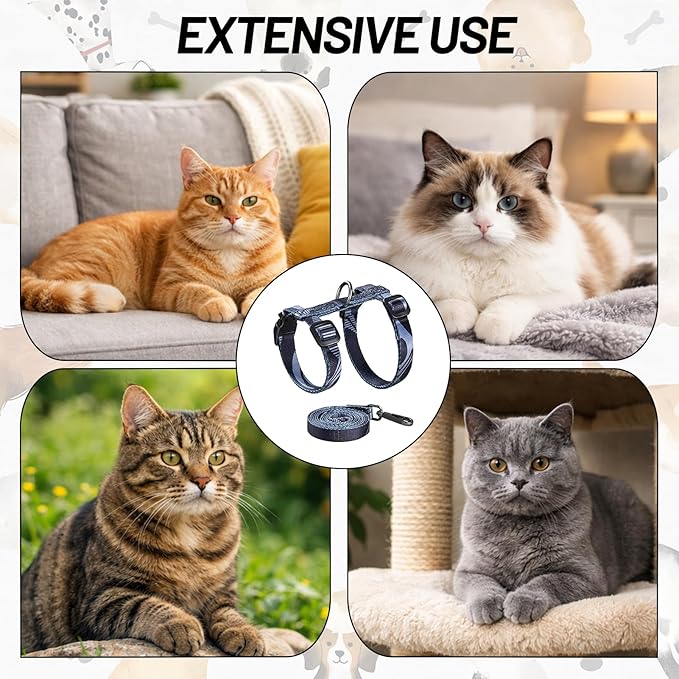 Cat Harness and Leash Set, 3-in-1 Escape Proof Adjustable, Comfortable Walking Travel Kitten Harness for Small Medium Large Cats (Grey)