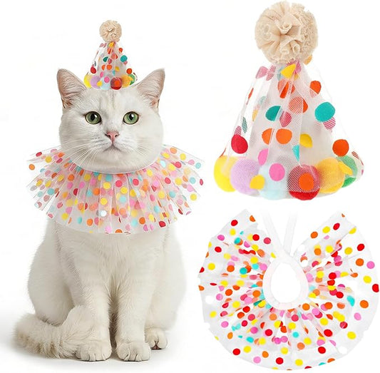 Cat Birthday Hat and Bandana, Cute Cat Party Costume Outfit Small Cats Kitten Party Hat Lace Bib Scarf for Birthday Celebrations Photograph