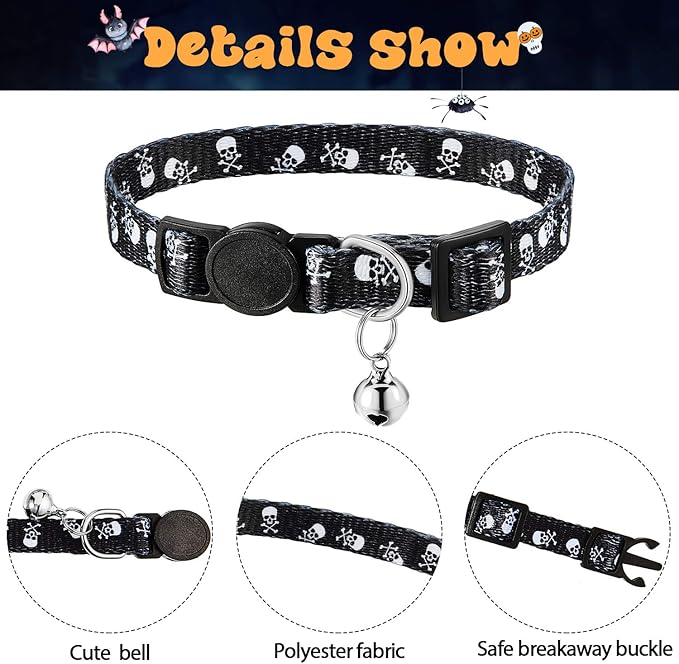 Weewooday 4 Pieces Goth Cat Collar Set Adjustable Kitten Skull Collar with Bell Charm Breakaway Multicolor Halloween Cat Outfit with Skull Patterns for Kitten