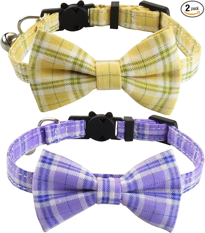 Cat Collar with Bow Tie and Bell, 2 Pack Breakaway Plaid Bowtie Cat Collar for Kitty, Cats, Puppy and Kittens, Purple&Yellow
