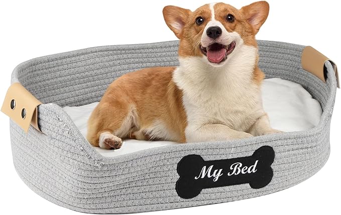 Cat Beds for Indoor Cats, 21.6''X15.7'' Cotton Rope Kitty Nap Bed with Soft Cushion, Handwoven Basket - Scratch Resistant