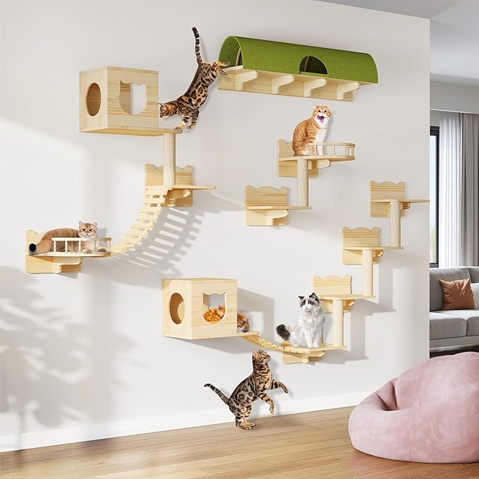 18-in-1 Cat Wall Shelves, Solid Wood Cat Furniture for Wall, Floating Cats Wall Shelves Set, Multi-Level Cat Climbing Wall Systems with Scratching Post & Tunnel, Floor Space-Saving, Burlywood