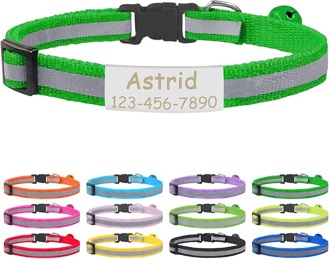 CAMAL Cat Collar with Name Tag, Reflective Cat Collar Breakaway for Kitten Puppy, Personalized Cat Collar, Adjustable 7.5"-12.5" (Grass Green)