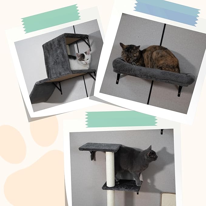 COZIWOW Cat Wall Shelves Set, 5-Piece Wall Mounted Cat Furniture with Cat Tree & Scratching Post, Floating Cat Perches for Indoor Cats（Grey）