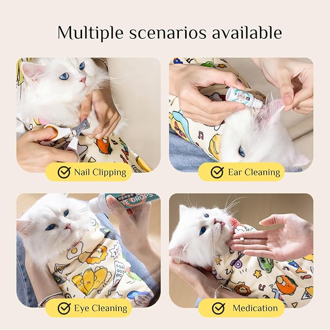 Cat Grooming Wrap, Pet Restraint Bag Cat Wrap for Stress-Free Nail Clipping Anti-Scratch Anti-Escape Multifunctional Care Pet Tool(White,L)