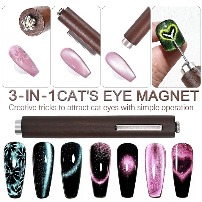 9pcs Cat Eye Nail Tools – 3-in-1 Nail Art Magnet, Multi-Functional Nail Magnet Stick, Nail Magnet Plates, Cylindrical Magnets, Scissor & Y-Shaped Plates for French Heart Cat Eye Effect