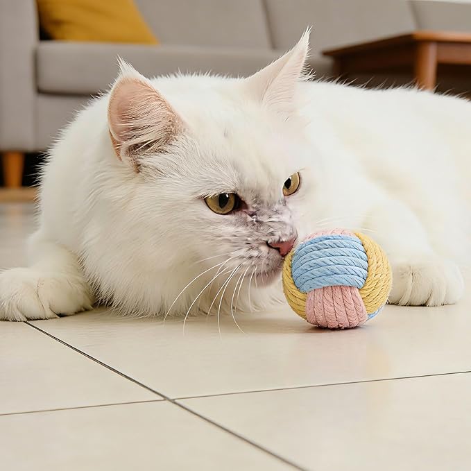 Cat Toys Balls with Bell Inside, 2-Inch Soft Interactive Chew Toys for Indoor Cats & Kittens, Colorful Rope Balls with Crinkle Sound for Chasing Play and Dental Health, 3 Pcs