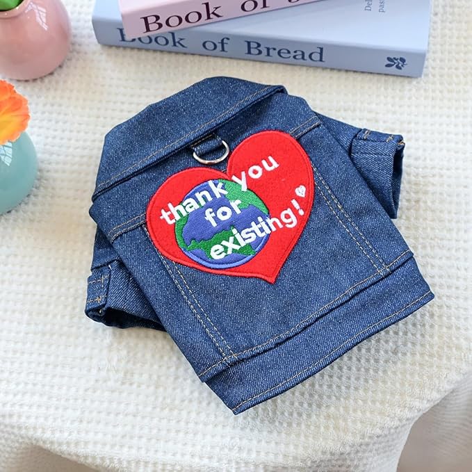 Denim Dog & Cat Jacket with Reinforced D-Ring – Embroidered Heart “Thank You for Existing” Patch, Jean Pet Clothes for Small Dogs & Cats(XS)