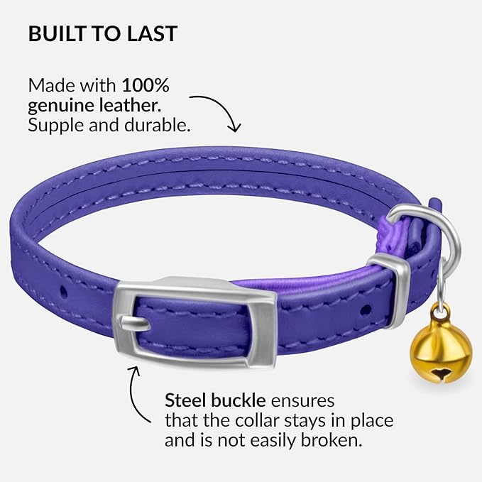 CollarDirect Leather Cat Collar with Removable Bell – Safety Elastic Strap (Breakaway Alternative) – Kitten Collar for Small & Big Boy & Girl Cats