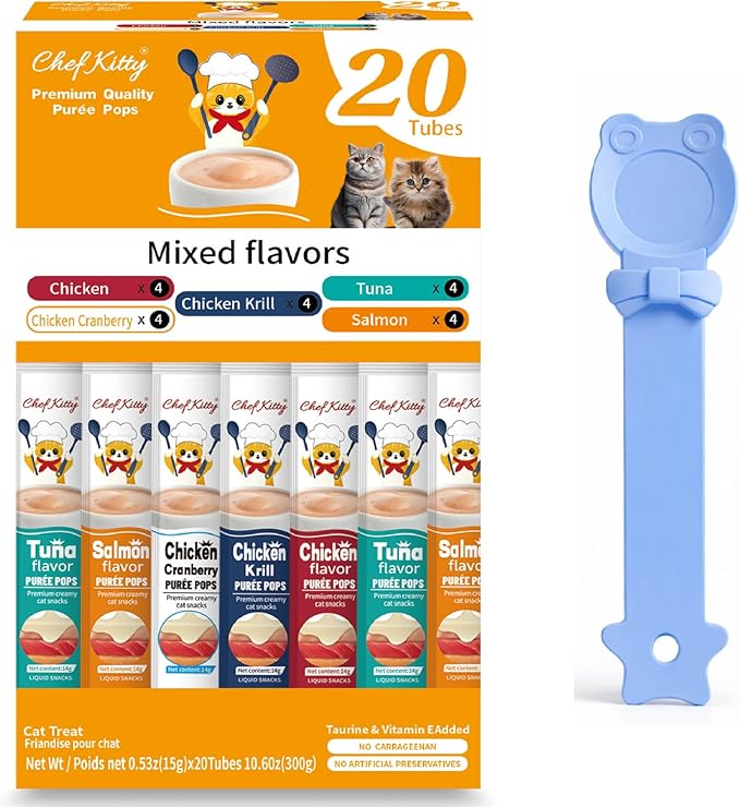 Purée Pops + Blue Feeding Spoon, Grain-Free, Lickable, Squeezable Creamy Cat Treat/Topper, 20 Tubes, Chicken and Seafood Mix Variety
