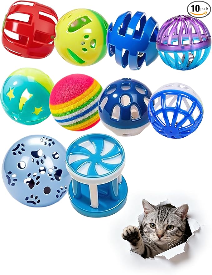 10 Cat Toys Indoor Bored Kitten, Colorful Bell Balls for All Ages Sizes, Interactive Solo Play Non-Toxic Lightweight Cat Balls (1.5'' - 2.2'')