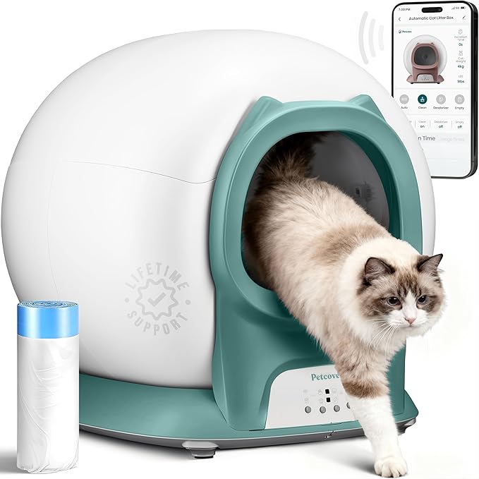 Petcove Automatic Self Cleaning Litter Box for Multiple Cats - PurrTek with Smart App (5GHz Wi-Fi), Triple Odor Control, Quiet Operation & Advanced Safety Sensors