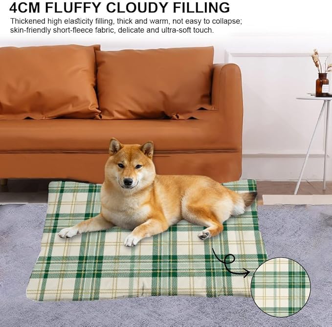 Green Yellow Plaid Dog Crate Bed Non Slip Bottom Warm Dog Bed Mat Cozy Soft Pet for Car Car Essentials Printed Big Beds Gift Pet Mat 36× 24 Inch Indoor Outdoor