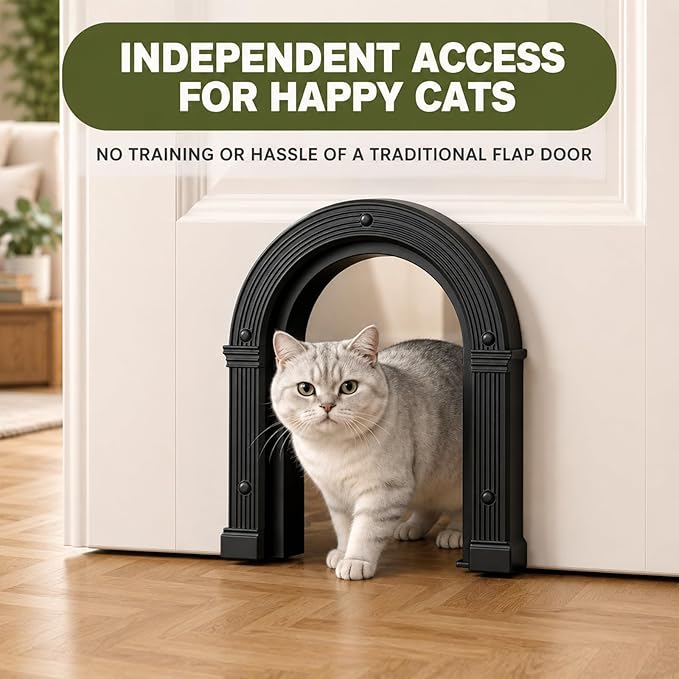 Cat Door for Interior Doors Large Cat Door - No-Flap, No Training Needed, Fits Cats Up to 25 lbs, Easy Installation, Installs in Minutes, Fits 1.25" to 1.75" Thick Solid & Hollow Doors Black