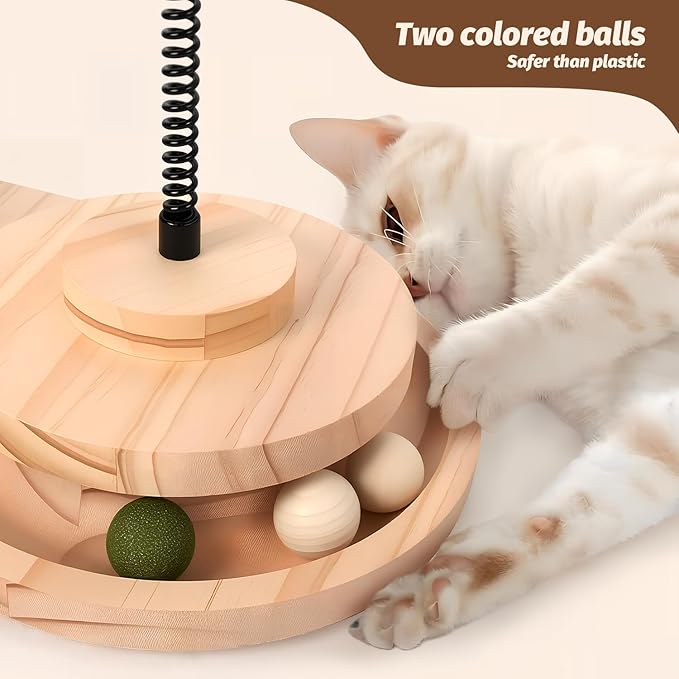 4 in 1 Cat Scratching Post. Wooden Kitten Scratching Post. Kitten Toys for Indoor Cats with Leaky Food Ball and 2 Sisal Hanging Balls. 15.7" Cat Scratcher with 2 Cat Ball Tracks for Kittens